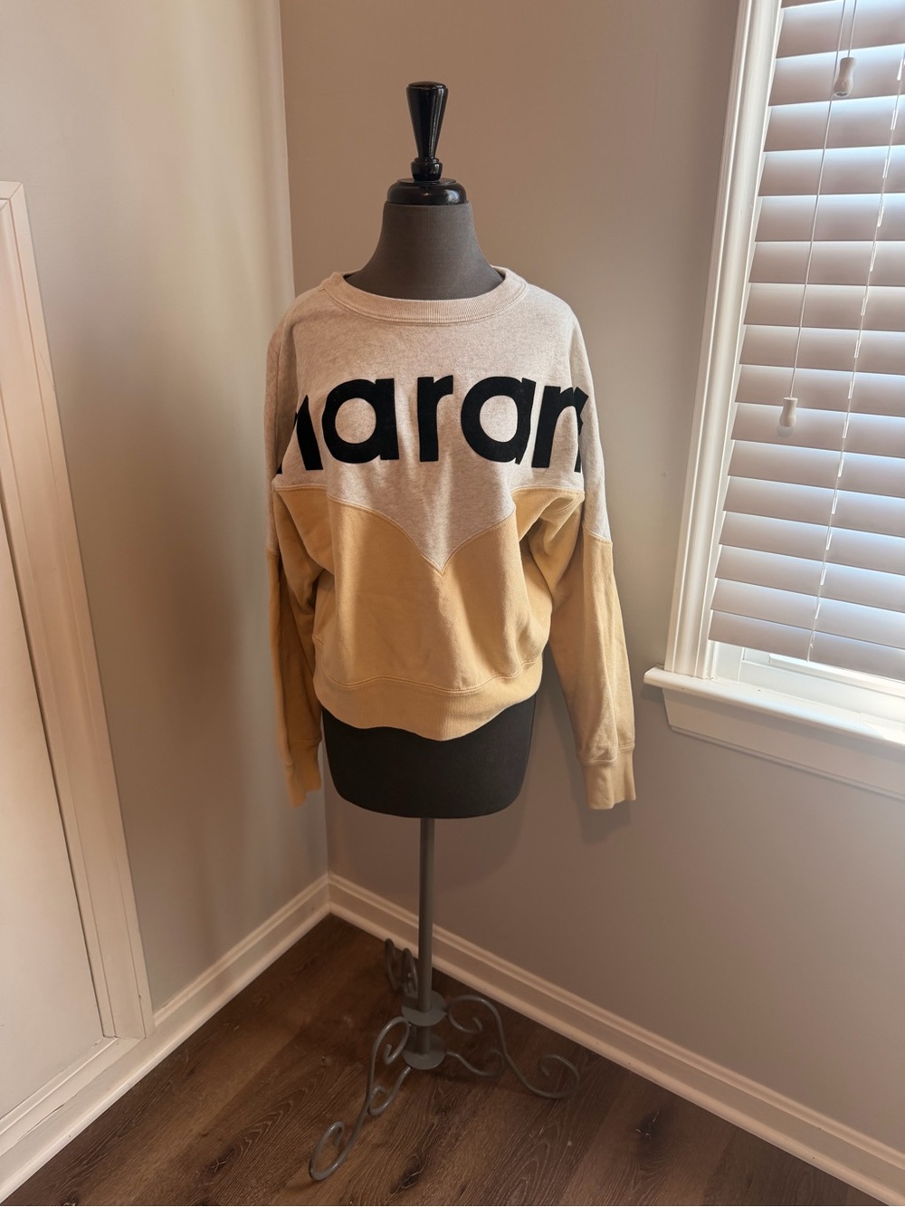 Isabel Marant Two-Tone Cream and Tan Crewneck Sweatshirt with Black Logo